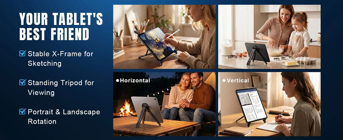 A collage showing a foldable laptop and phone mount used for sketching, viewing, portrait and landscape rotation, and various