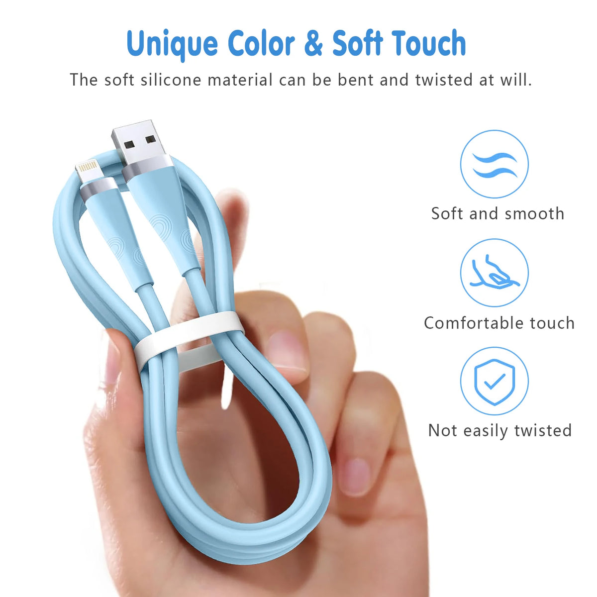 A hand holds a light blue silicone fast charging USB cable, demonstrating its soft and smooth texture.