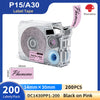 A clear plastic label tape roll and a black ink cartridge for the P15/A30 label maker.