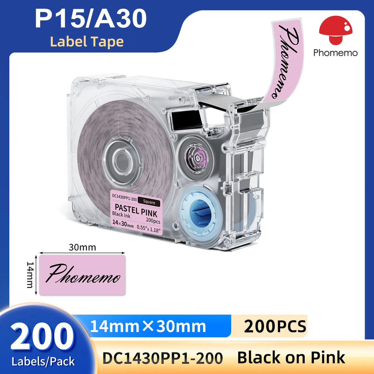 A clear plastic label tape roll and a black ink cartridge for the P15/A30 label maker.