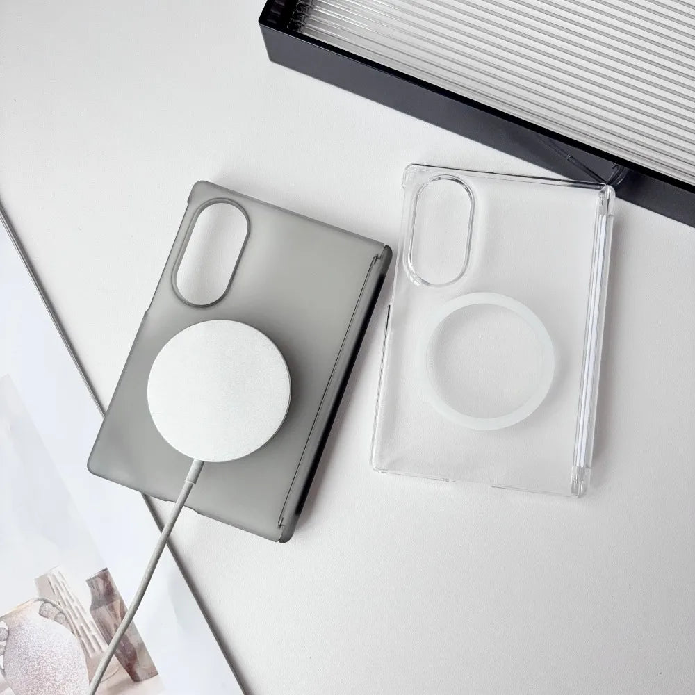 A silver Samsung Galaxy Z Fold case with a magnetic hinge protection feature and a clear plastic cover.