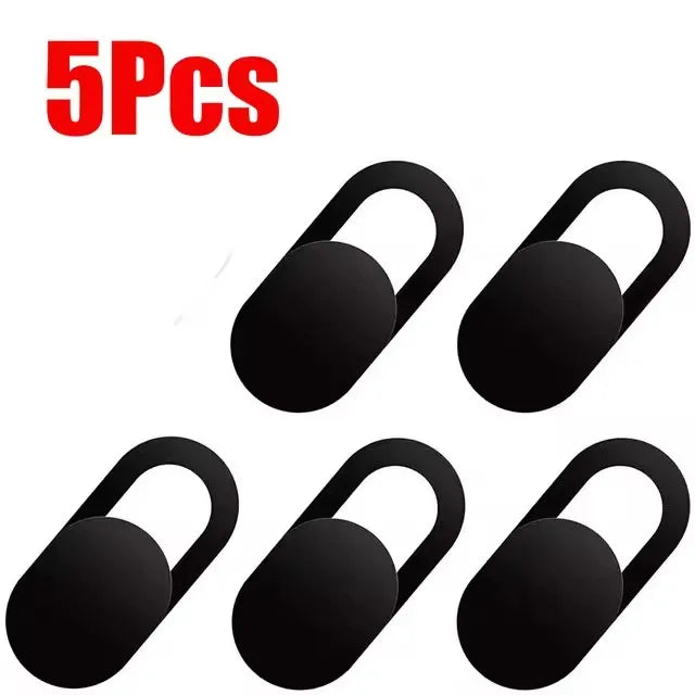 Five black universal camera privacy sliders for mobile and laptop devices
