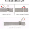 Instructions showing how to adjust the length of a stainless steel mesh watch band by pushing and moving the clasp cover.