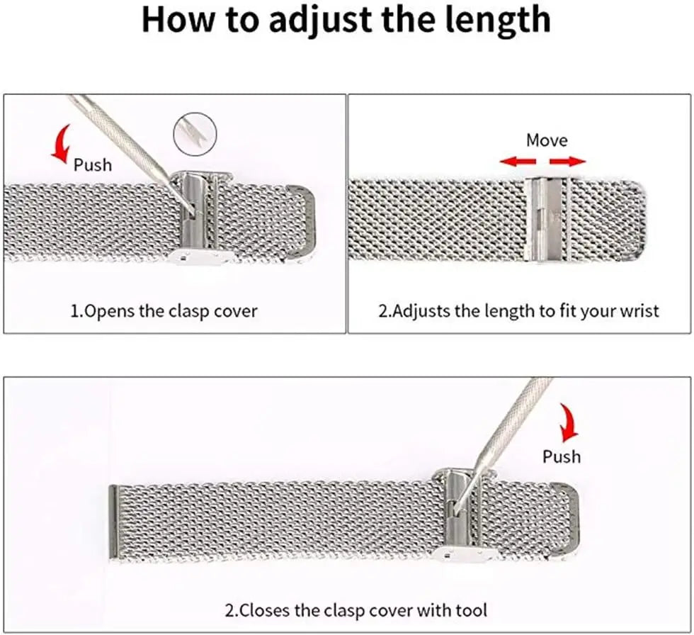 Instructions showing how to adjust the length of a stainless steel mesh watch band by pushing and moving the clasp cover.