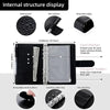 A black A6 budget planner with a leather cover and envelope system showing various features like waterproof design and pen ho