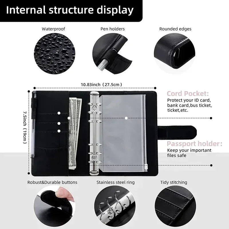 Planificador de cuero negro para presupuesto, mostrando estructura interna y características como protección impermeable y po