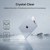 A transparent hard shell case is shown resting on a surface, illustrating the Crystal Clear feature for restoring MacBook col