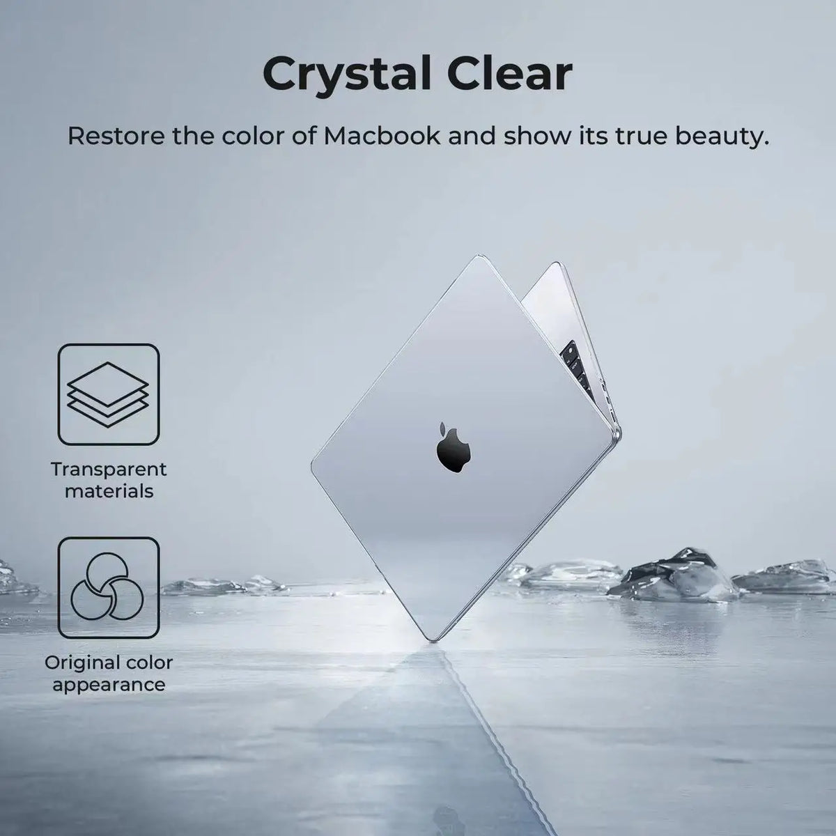 A transparent hard shell case is shown resting on a surface, illustrating the Crystal Clear feature for restoring MacBook col