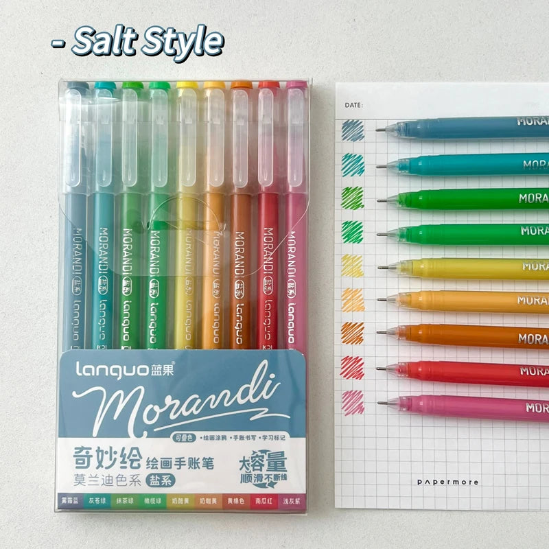 A set of nine Morandi retro gel pens in various colors packaged in a clear plastic case.