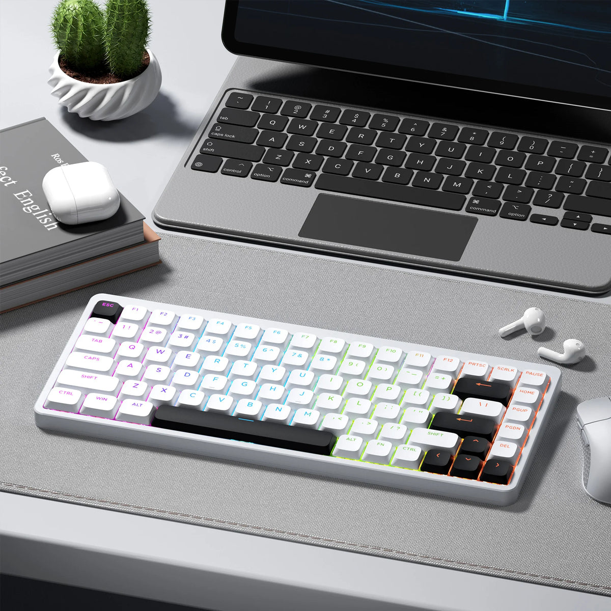 A white low profile mechanical keyboard with PBT keycaps is shown on a gray desk next to a laptop and a mouse.