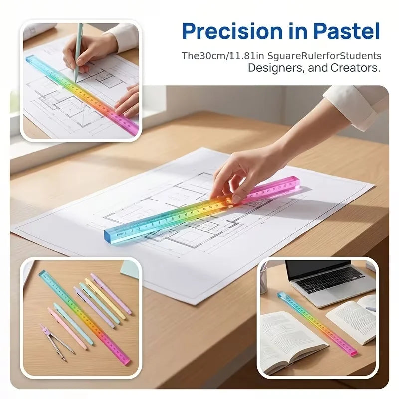 A colorful straight-edge ruler with a graduated scale is shown being used on a sheet of paper.