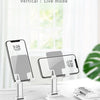 A white foldable adjustable phone holder stand displaying a smartphone in both horizontal movie viewing and vertical live mod