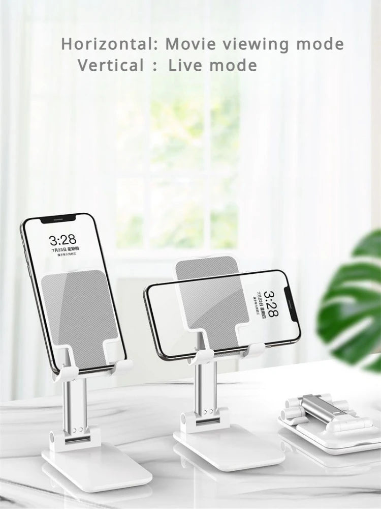 A white foldable adjustable phone holder stand displaying a smartphone in both horizontal movie viewing and vertical live mod