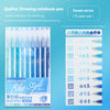 A set of nine colored pens and a drawing notebook for painting, featuring blue style writing tools.