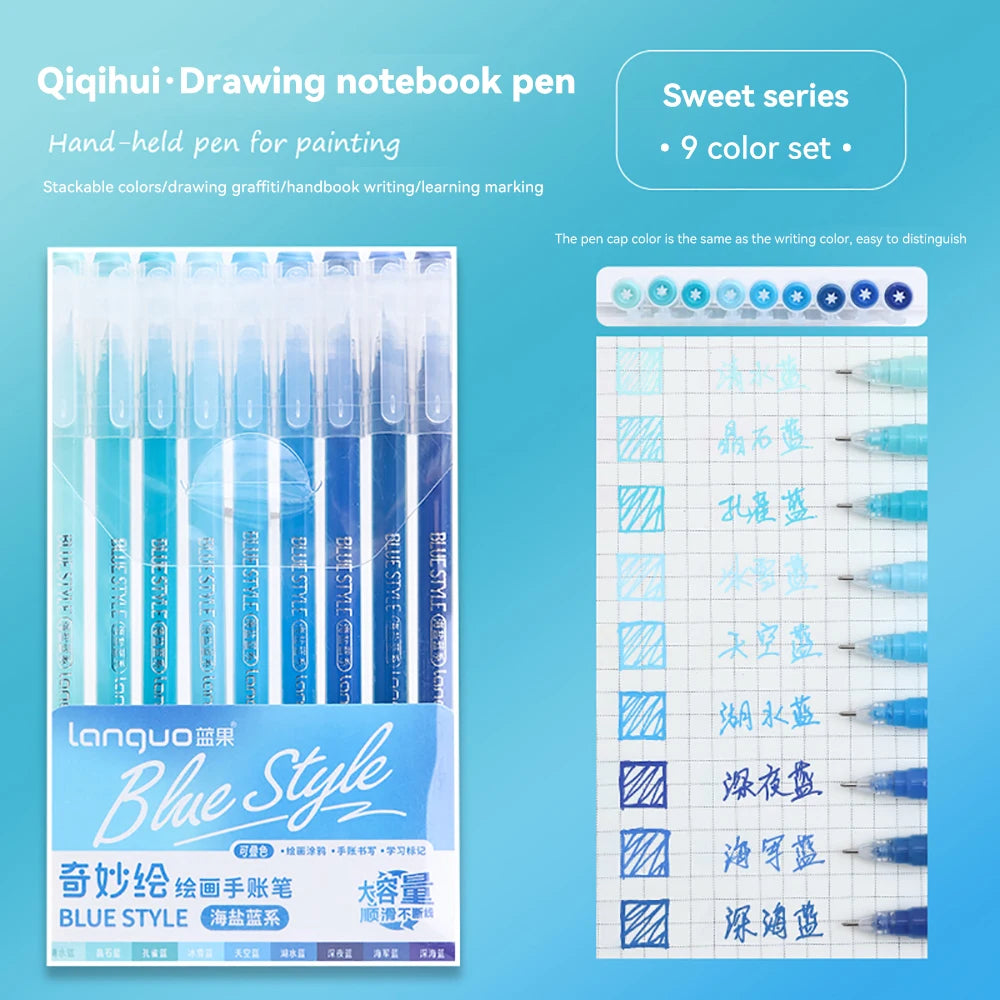 A set of nine colored pens and a drawing notebook for painting, featuring blue style writing tools.