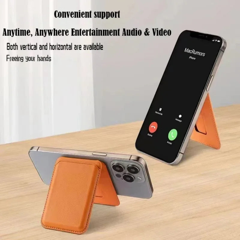 A magnetic leather wallet with a stand case is shown next to an iPhone, demonstrating convenient support for audio and video.