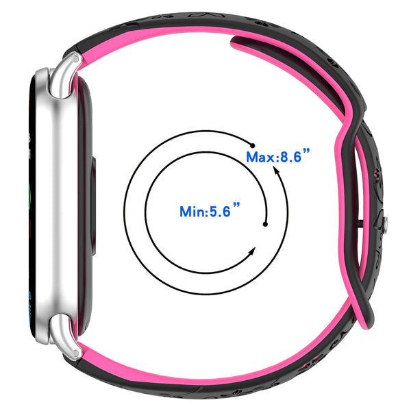 A close-up view of a black and pink silicone watch band for a Xiaomi smart band, showing its size range.