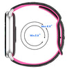 A close-up view of a black and pink silicone watch band for a Xiaomi smart band, showing its size range.