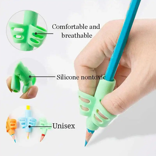 A hand holds a blue pencil with a green silicone grip, showing the comfortable and breathable design.
