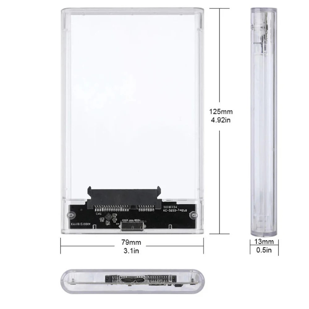 A clear plastic enclosure for an external SATA to USB 3.0 HDD, shown with its components and dimensions.