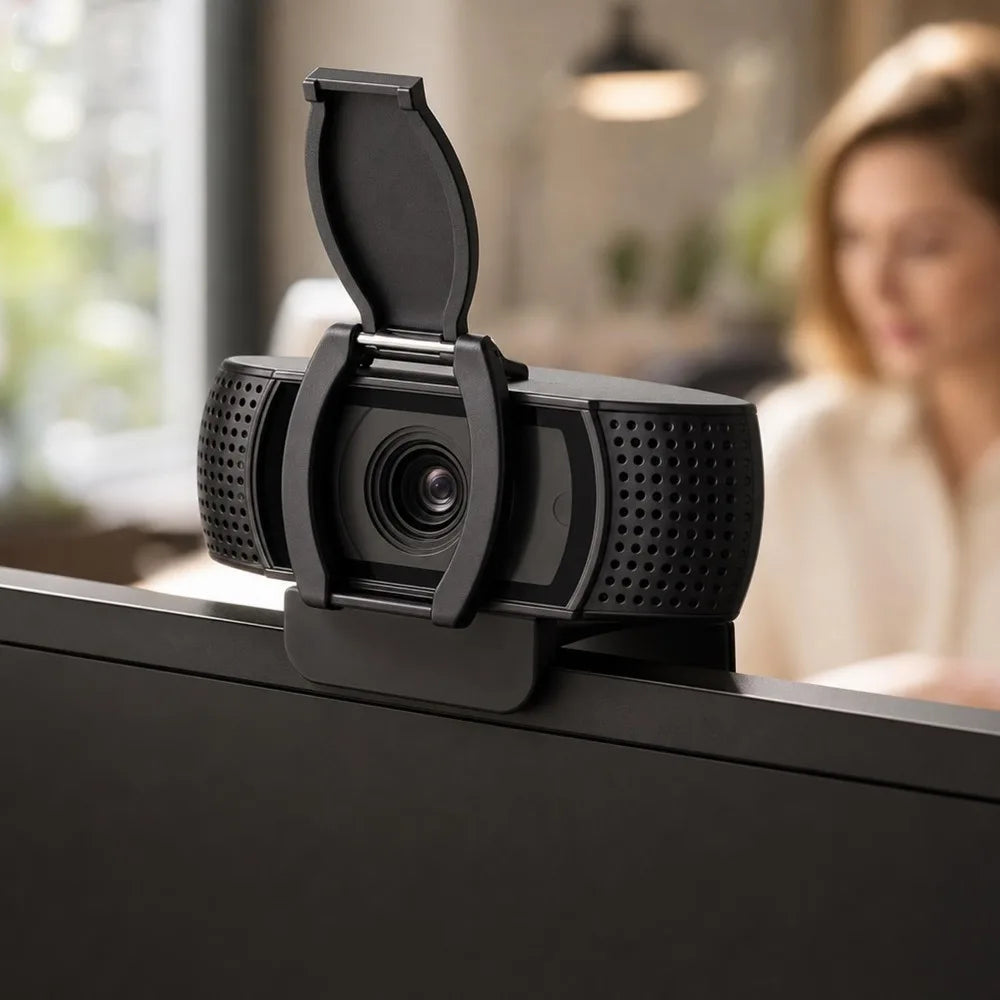 Black privacy lens cover for a webcam mounted on a monitor.