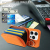 Orange PU leather phone case with wallet function showing various bank cards and a smartphone.