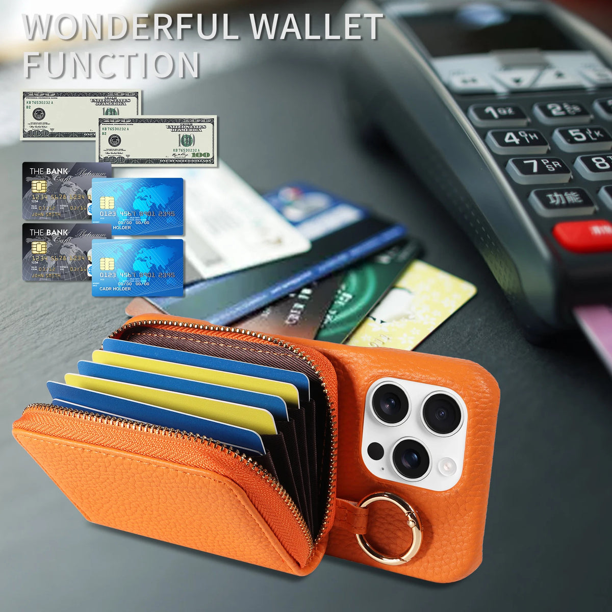 Orange PU leather phone case with wallet function showing various bank cards and a smartphone.