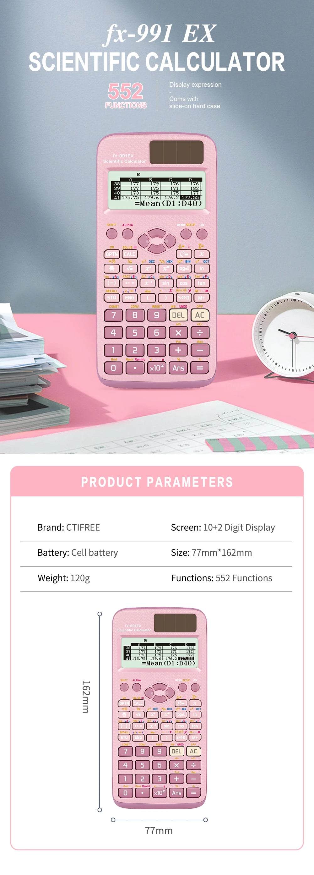 A pink fx-991EX scientific calculator with a slide-on hard case and display features shown.