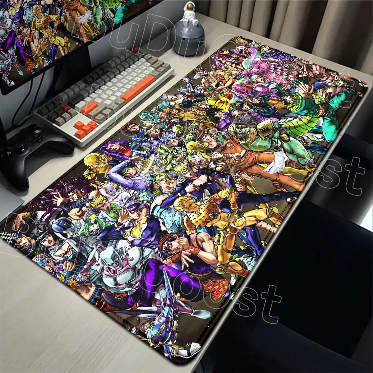 An anime-inspired XXL gaming mouse pad featuring colorful characters and action scenes.