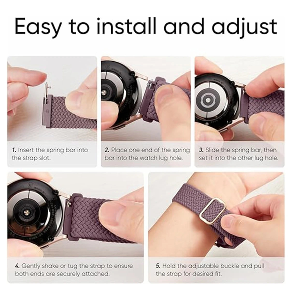 Step-by-step instructions showing how to install and adjust a nylon watch strap for smartwatches.