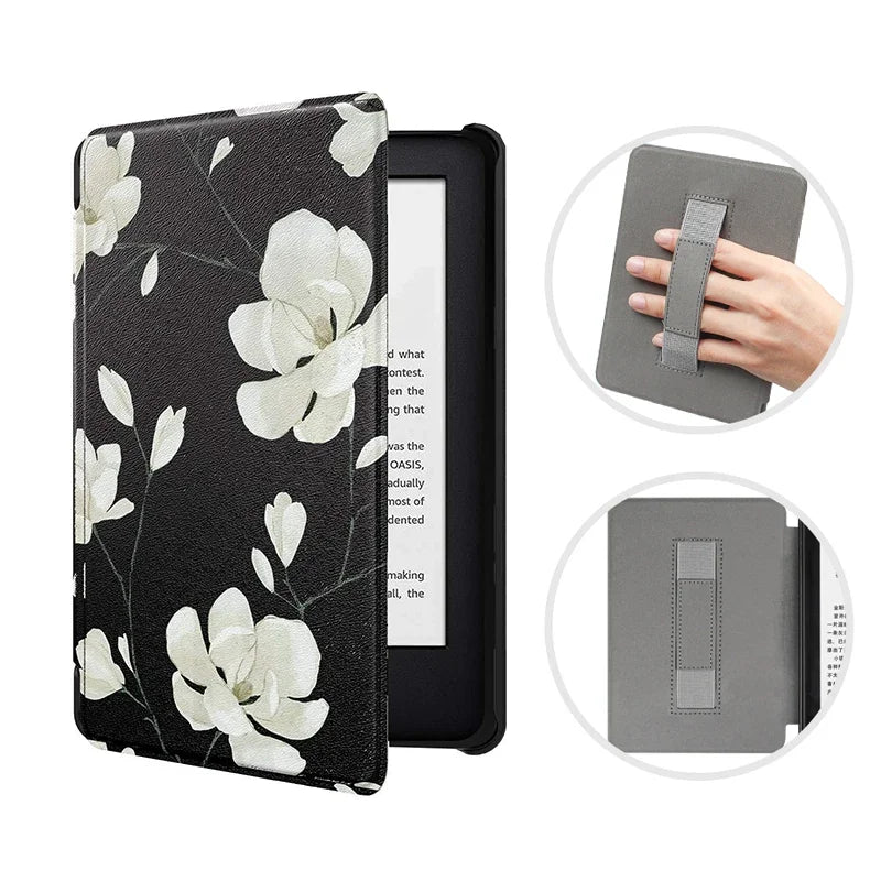 A black floral patterned leather case for a Kindle Paperwhite device shown in various angles.