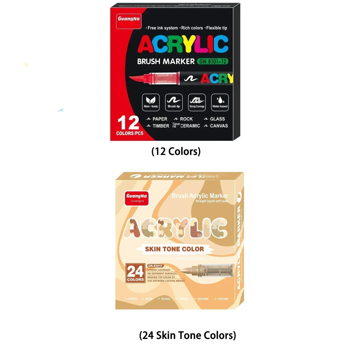 A set of acrylic brush markers featuring 12 colors and 24 skin tone colors.