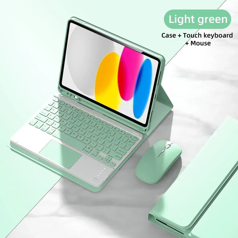 A light green iPad 10th Gen case with a detachable Bluetooth keyboard and mouse shown on a white surface.