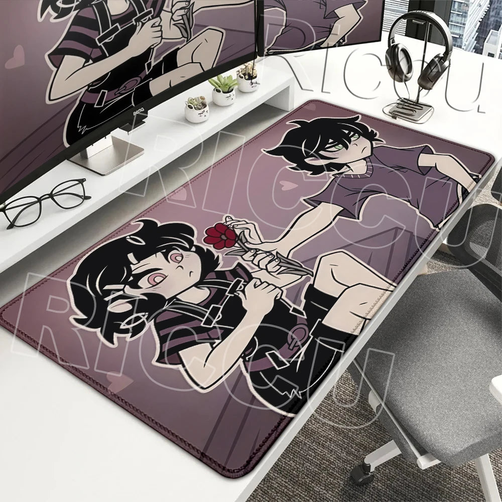 A gaming mouse pad featuring an anime-style character design on a purple background.
