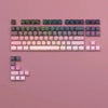 A collection of PBT keycaps featuring topographic legends in various shades of purple and pink.