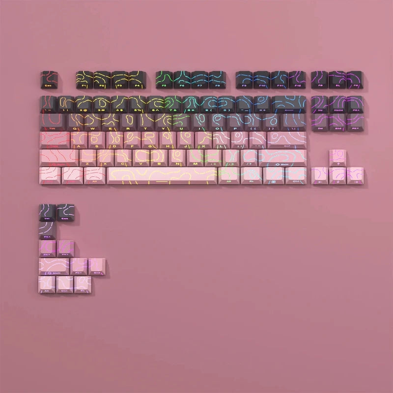 A collection of PBT keycaps featuring topographic legends in various shades of purple and pink.
