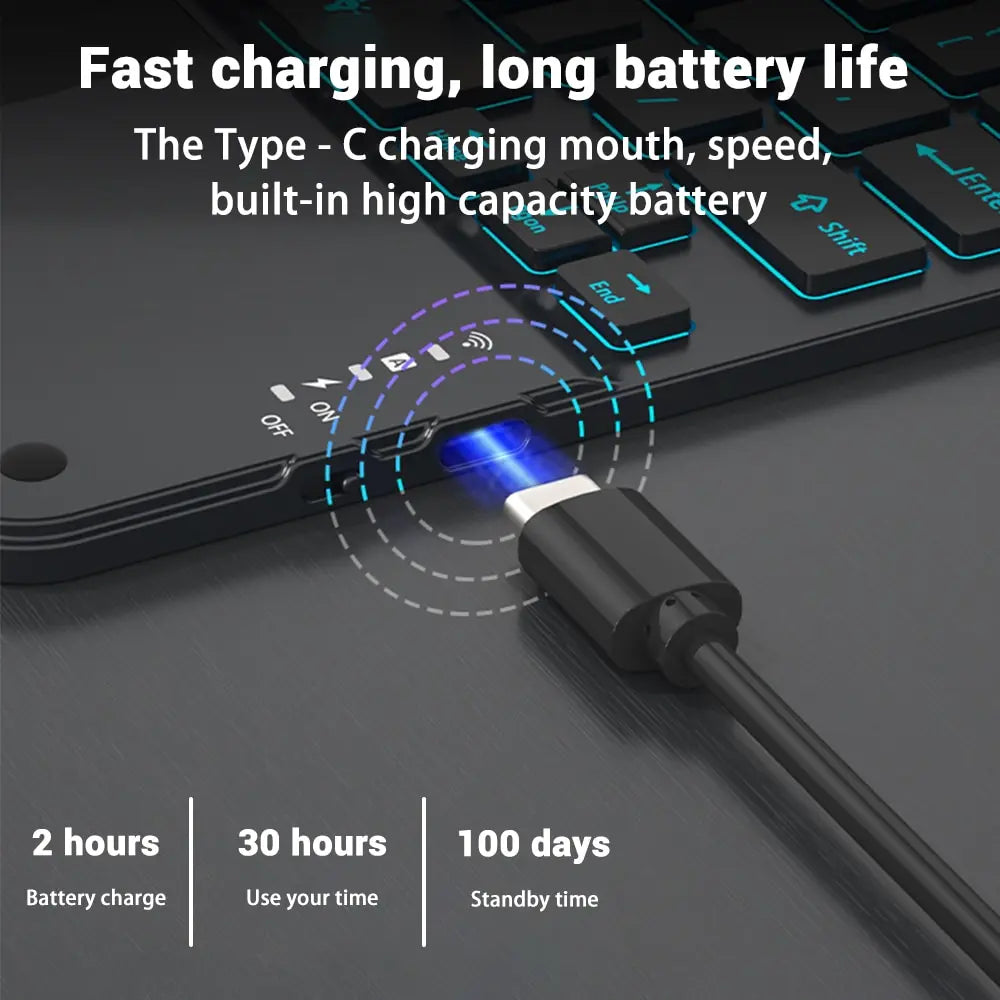A close-up of a black wireless keyboard being charged via a Type-C port, highlighting fast charging features.