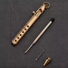 A brass bolt-action ballpoint pen with a gold-colored clip and a silver barrel is shown against a dark background.