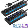 A black USB 7-in-1 hub splitter with multiple ports for connecting devices.