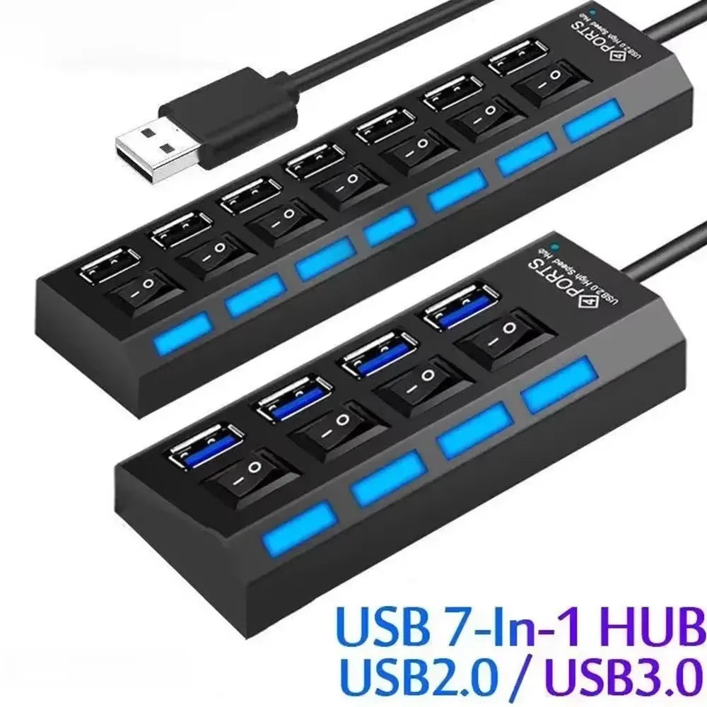 A black USB 7-in-1 hub splitter with multiple ports for connecting devices.