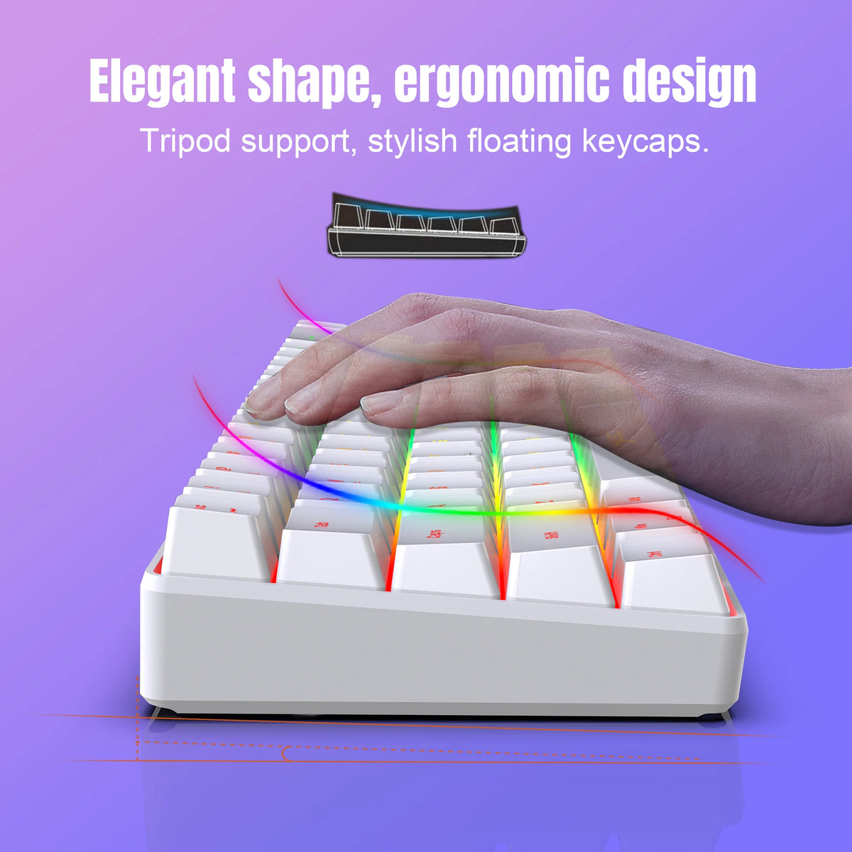 A hand is pressing keys on a white 60% wireless gaming keyboard, highlighting its elegant shape and floating keycaps.