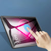 A hand touches a tempered glass screen protector on a tablet displaying a digital clock.