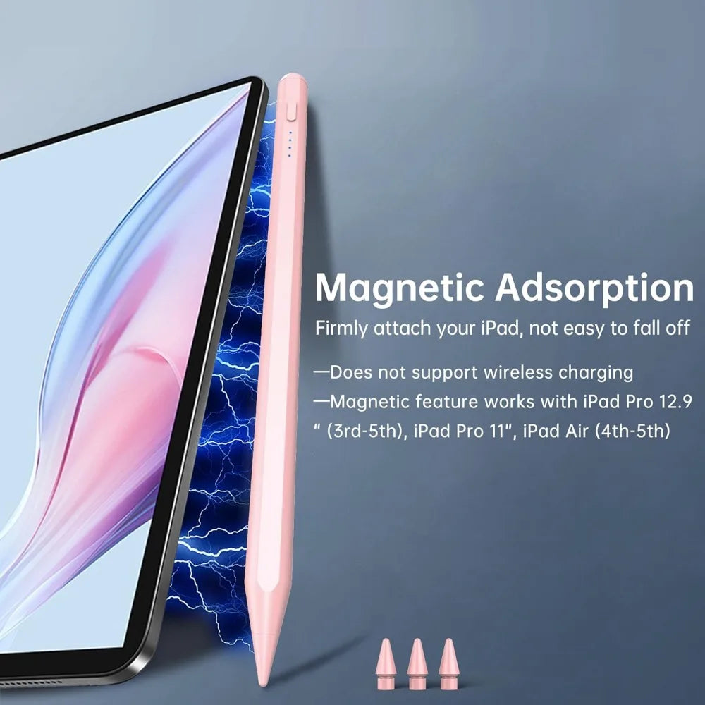 A pink precision stylus pen is shown next to an iPad, demonstrating magnetic adsorption for accessory attachment.