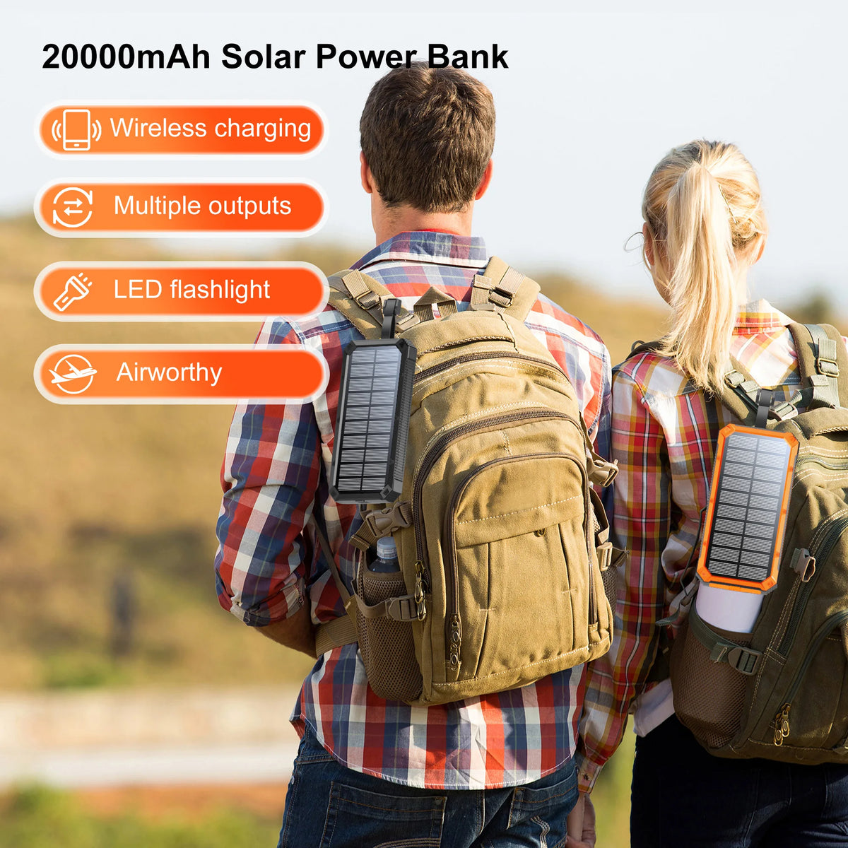 A man and a woman are wearing backpacks with a 20000mAh solar power bank, demonstrating its features.