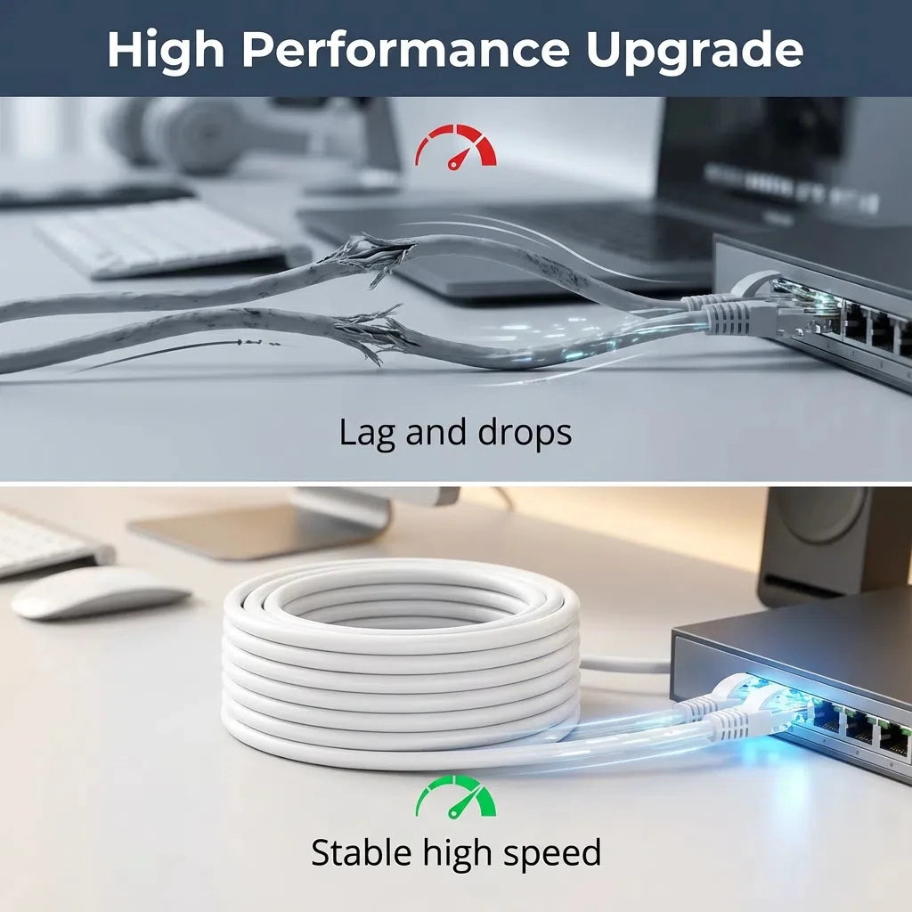 Comparison showing a damaged, lagging cable versus a new, stable high-speed Cat6 Ethernet cable.
