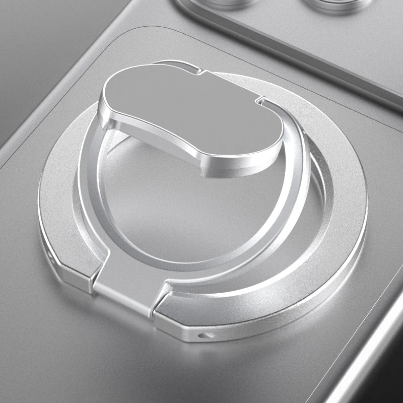 A silver magnetic phone stand with a kickstand designed for MagSafe and metal cases.
