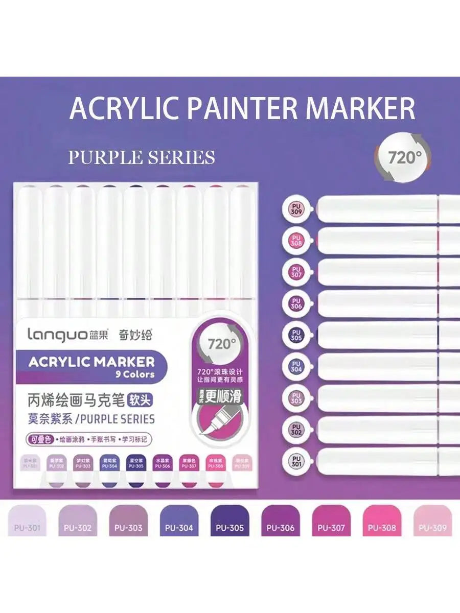A set of purple acrylic paint markers with 9 colors, featuring a 720 degree design for drawing and art.