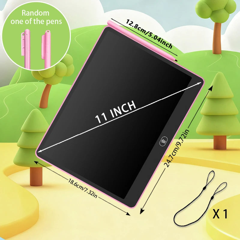 A black 11 inch interactive LCD writing tablet is shown with various accessories and a green outdoor background.