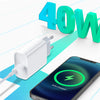 A white power adapter and charging cables are shown next to a smartphone, illustrating 40W power delivery options.
