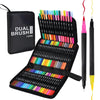 A black pencil case containing a set of 36 dual-tip brush markers in various vibrant colors.
